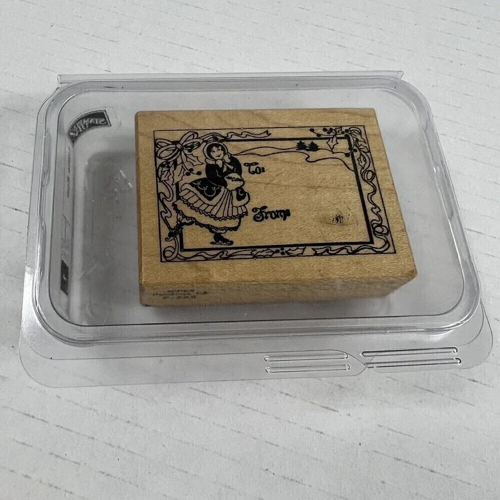PSX F-392 Christmas Rubber Stamp GIRL ICE SKATING VINTAGE TO/FROM TAG LABEL